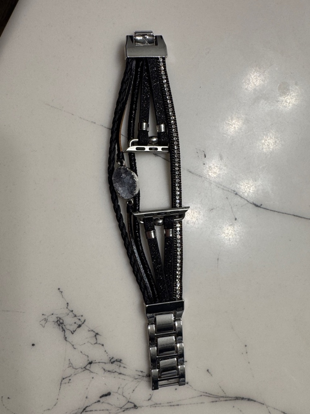 Multi-Strand Black Bracelet Apple Watch Band with Silver Accents